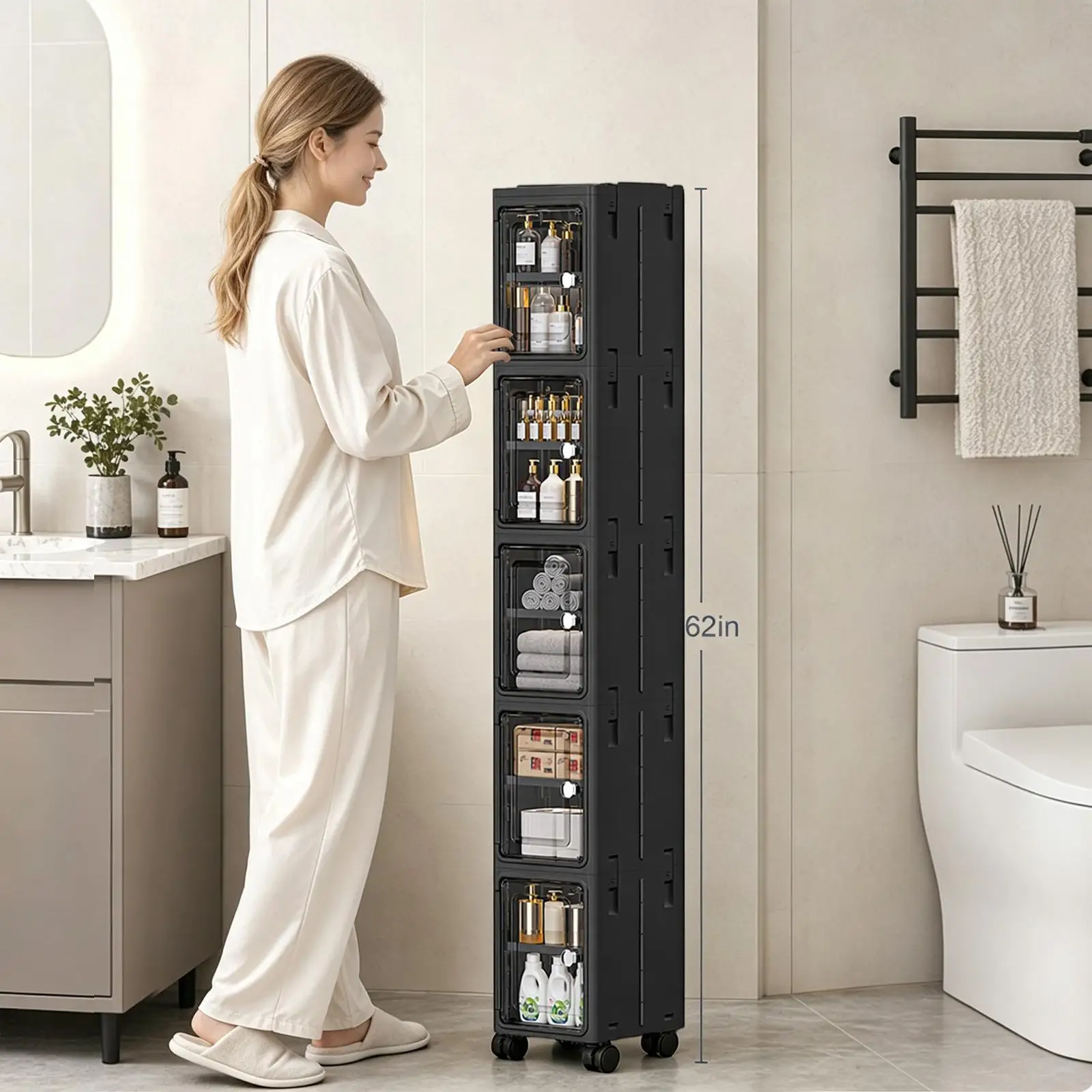 Kitchen Gadgets Organizer - 5段式の黒いスリムで細身のキャスター付き収納キャビネット。高さ調節可能な棚を備え、狭いスペースの洗濯室やキッチンに最適な、高さのある浴室収納として活用できます。
