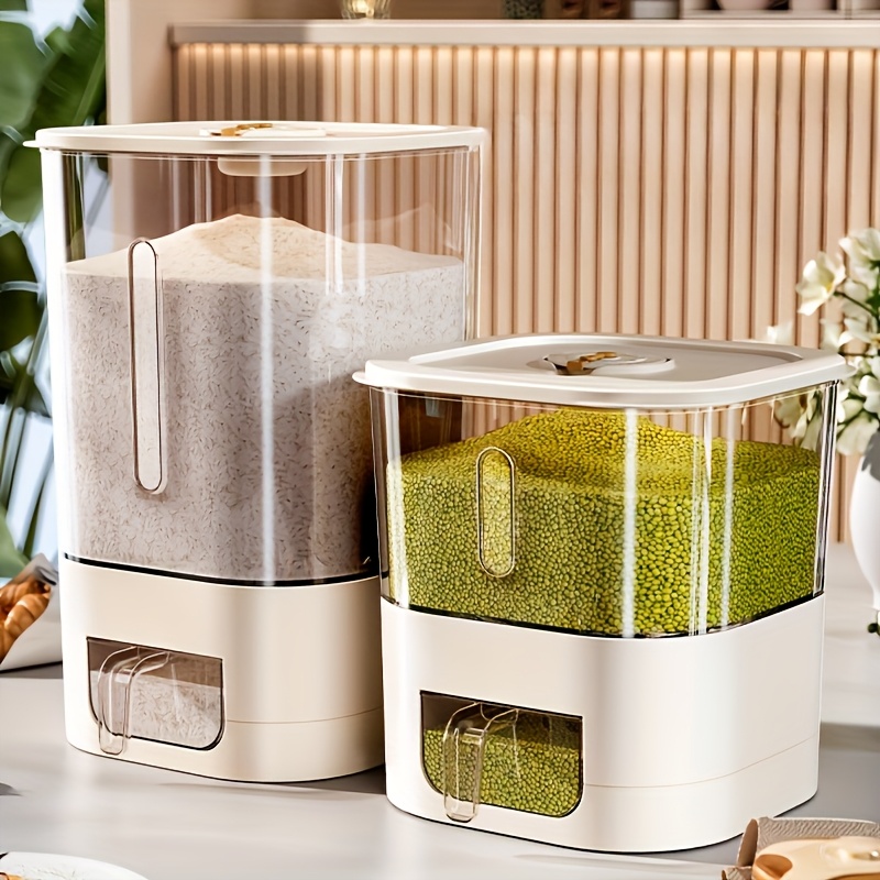 Kitchen Gadgets Organizer - 14ポンド容量の米びつ、蓋付き大型穀物容器、計量シリンダー付き家庭用シリアルディスペンサーバケット、キッチン用大豆保存容器