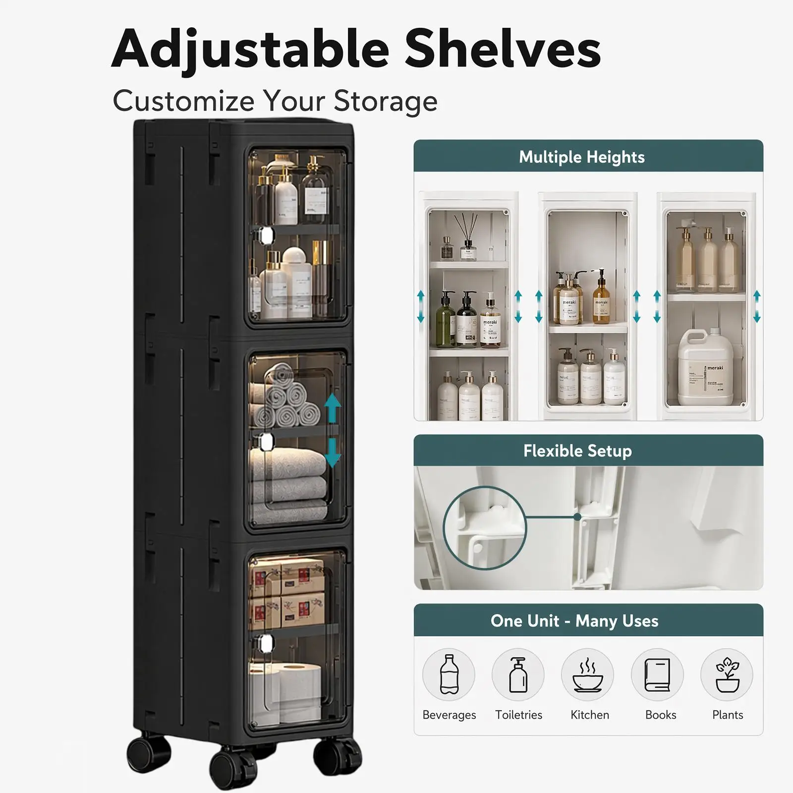 5段式の黒いスリムで細身のキャスター付き収納キャビネット。高 - Kitchen Gadgets Organizer のレビューと価格