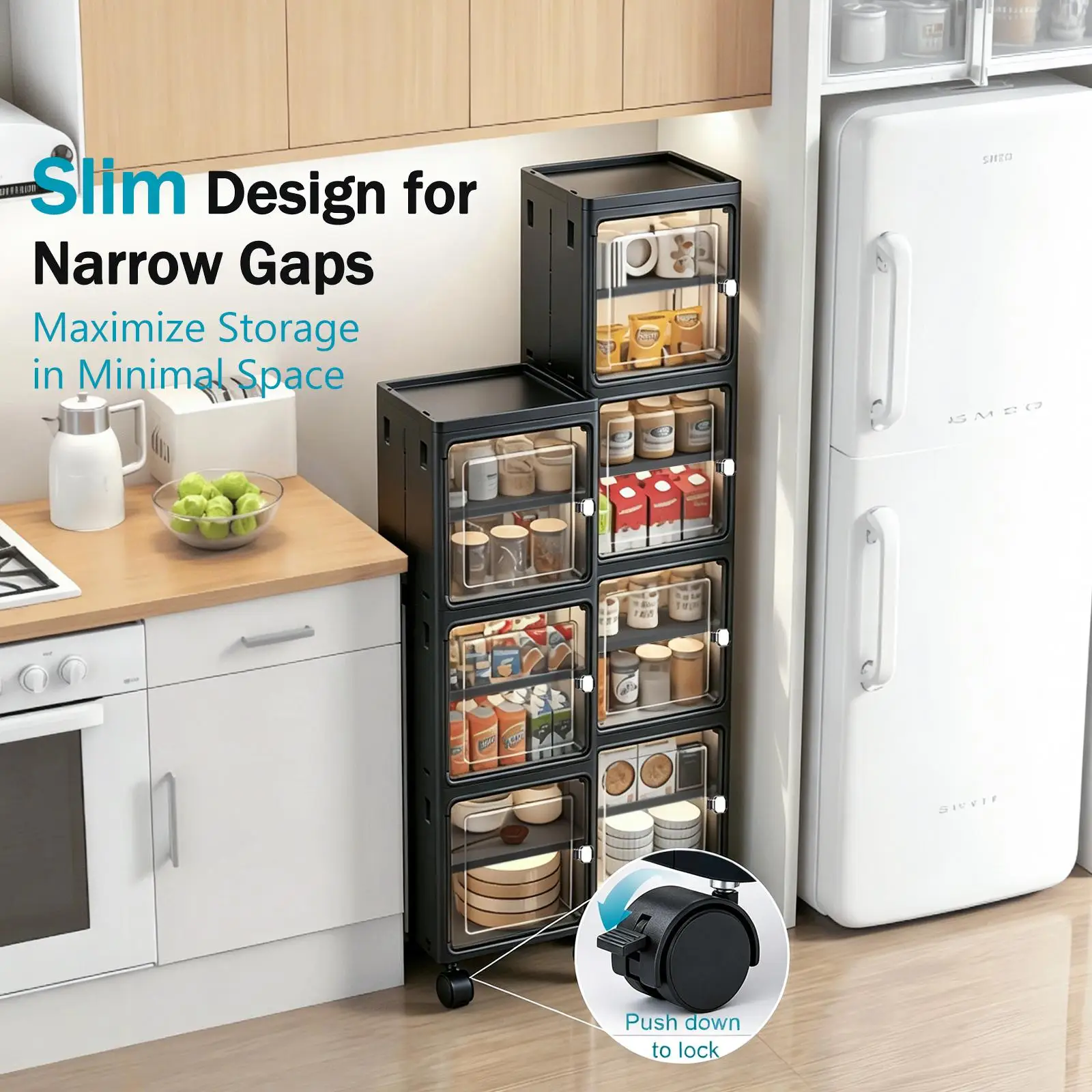 5段式の黒いスリムで細身のキャスター付き収納キャビネット。高 - Kitchen Gadgets Organizer のレビューと価格