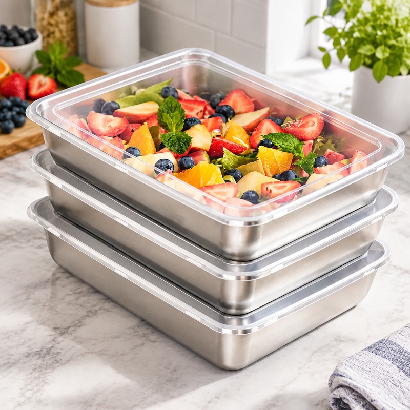 透明な蓋付きのステンレス製食品保存容器3点セット。漏れ防止設 - Kitchen Gadgets Organizer のレビューと価格